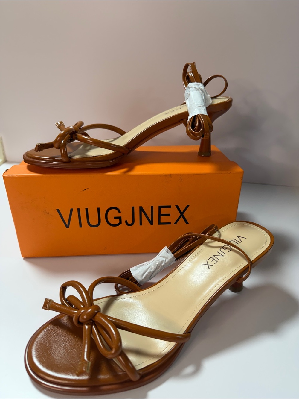 Tan Knot-Detail Mid Heel Sandals